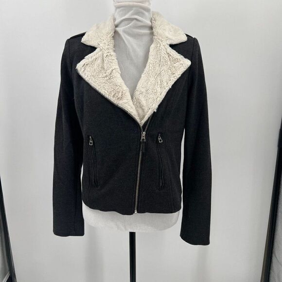 Lucky Brand Gray Sherpa Lined Collar Cropped Jacket Women’s Medium Biker Style - Picture 1 of 13
